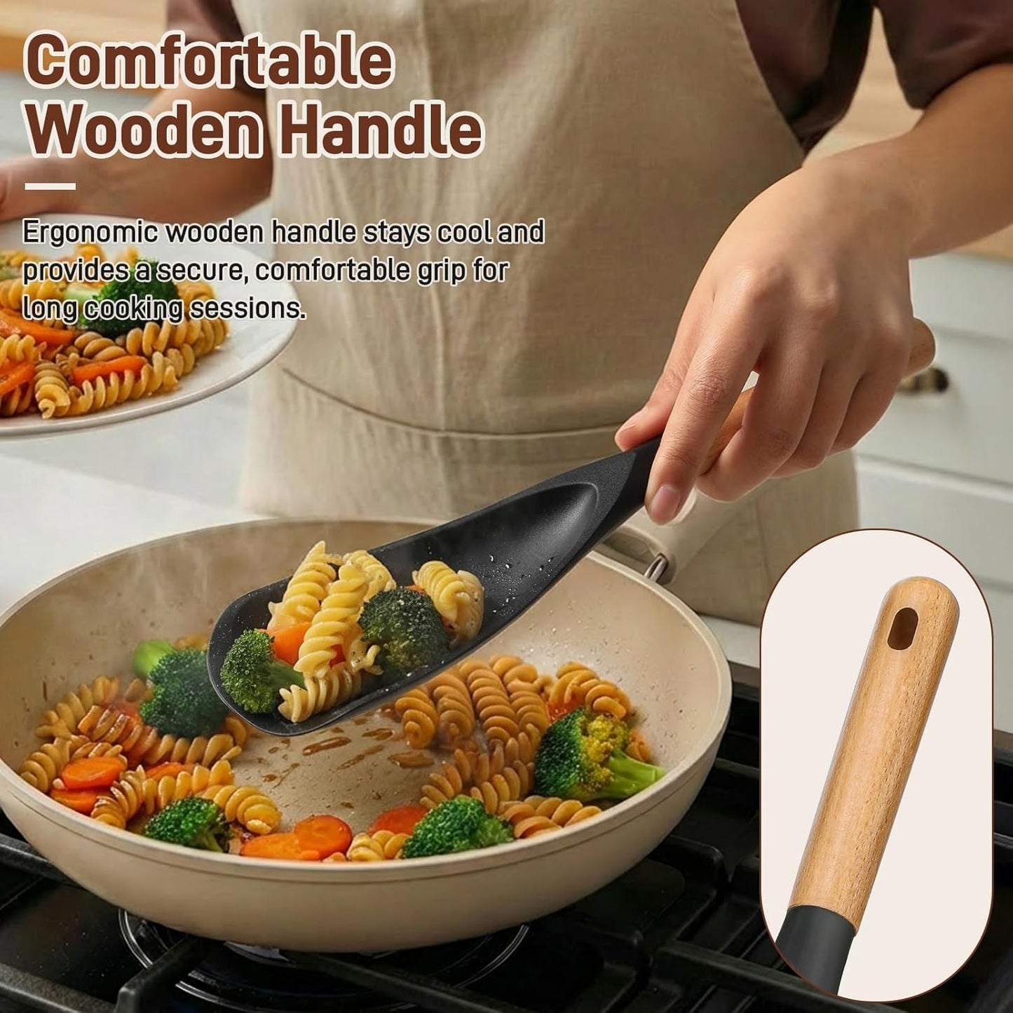 3 PACK Cooking Spatula Spoon for Nonstick Cookware, Multifunction Spoonula Great for Cooking, Serving, Baking, Mixing, Stirring, Scoop, Scrape - Sturdy BPA-Free Heat Resistant Silicone & Wood Handle