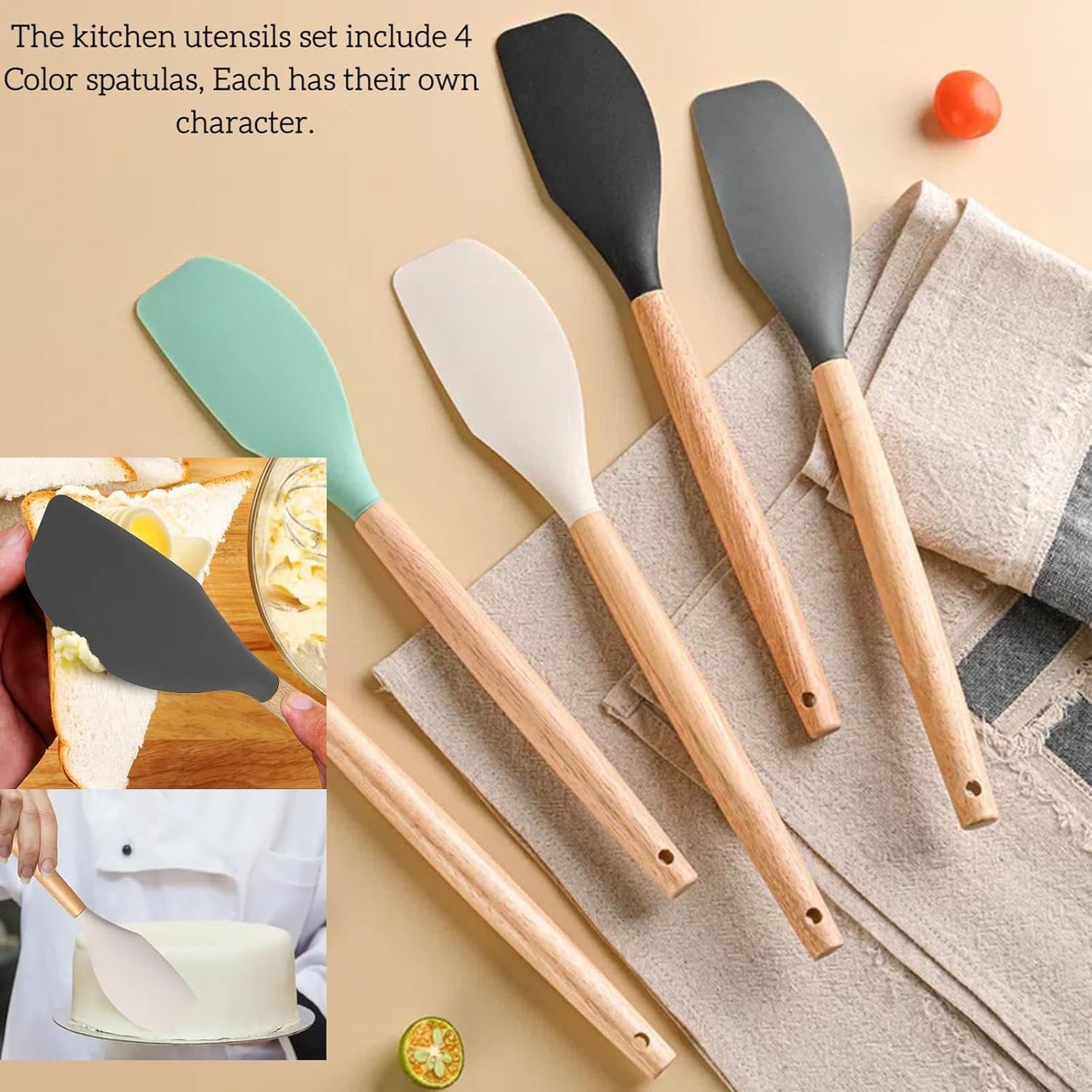 LorisArm Large Wooden Handle Spatula Set, 12" Rubber Spatula 4-Pack Nonstick Silicone Spatulas for Baking Cooking and Mixing, Jar Scraper (Grey, Green, White, Black).