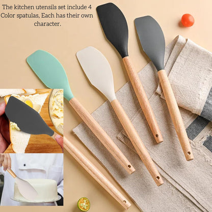 LorisArm Large Wooden Handle Spatula Set, 12" Rubber Spatula 4-Pack Nonstick Silicone Spatulas for Baking Cooking and Mixing, Jar Scraper (Grey, Green, White, Black).