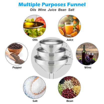 Toncoo 3 Pack Stainless Steel Funnels for Kitchen Use, Food Grade Cooking Funnel with 3 Strainer, Kitchen Funnel Set Metal Funnels for Filling Bottles
