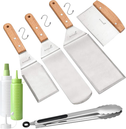 Stainless Steel Metal Spatula Set - Teppaniyaki Spatulas - Griddle Scraper Flat Spatula Pancake Flipper Hamburger Turner - Metal Utensil great for BBQ Grill Flat Top Cast Iron Griddle Accessories