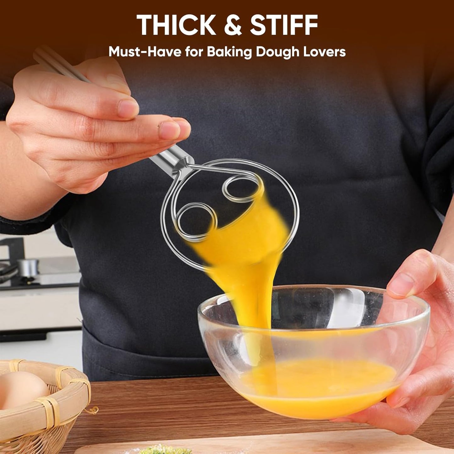 Maxjoy Danish Dough Whisk Wooden Dutch Bread Mixer with Stainless Steel Hook for Sourdough Baking Hand Tool