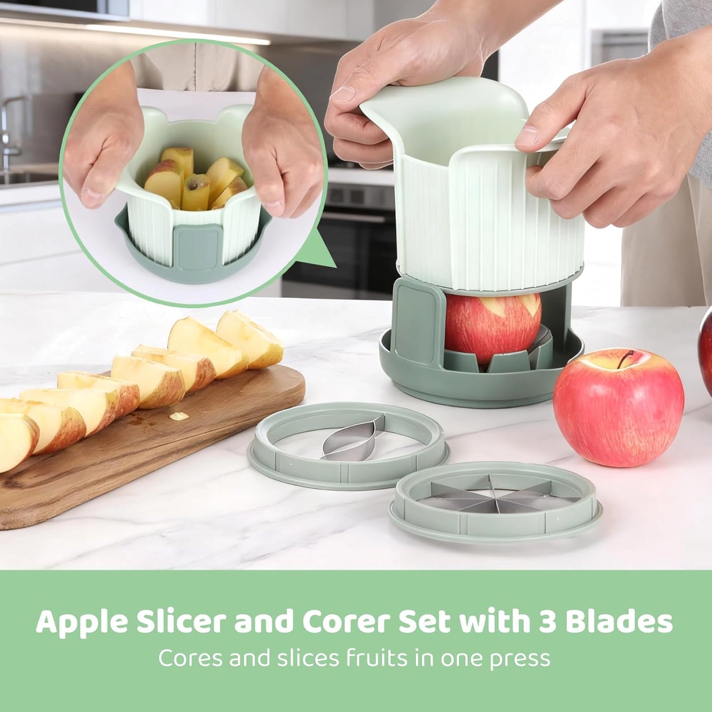 Apple Slicer and Corer Set with 3 Interchangeable Blades, Stainless Steel Apple Cutter, 8 Slices Slicer for Pear, Mango, Tomato, Green, 4.9 x 4.9 x 7.1 in
