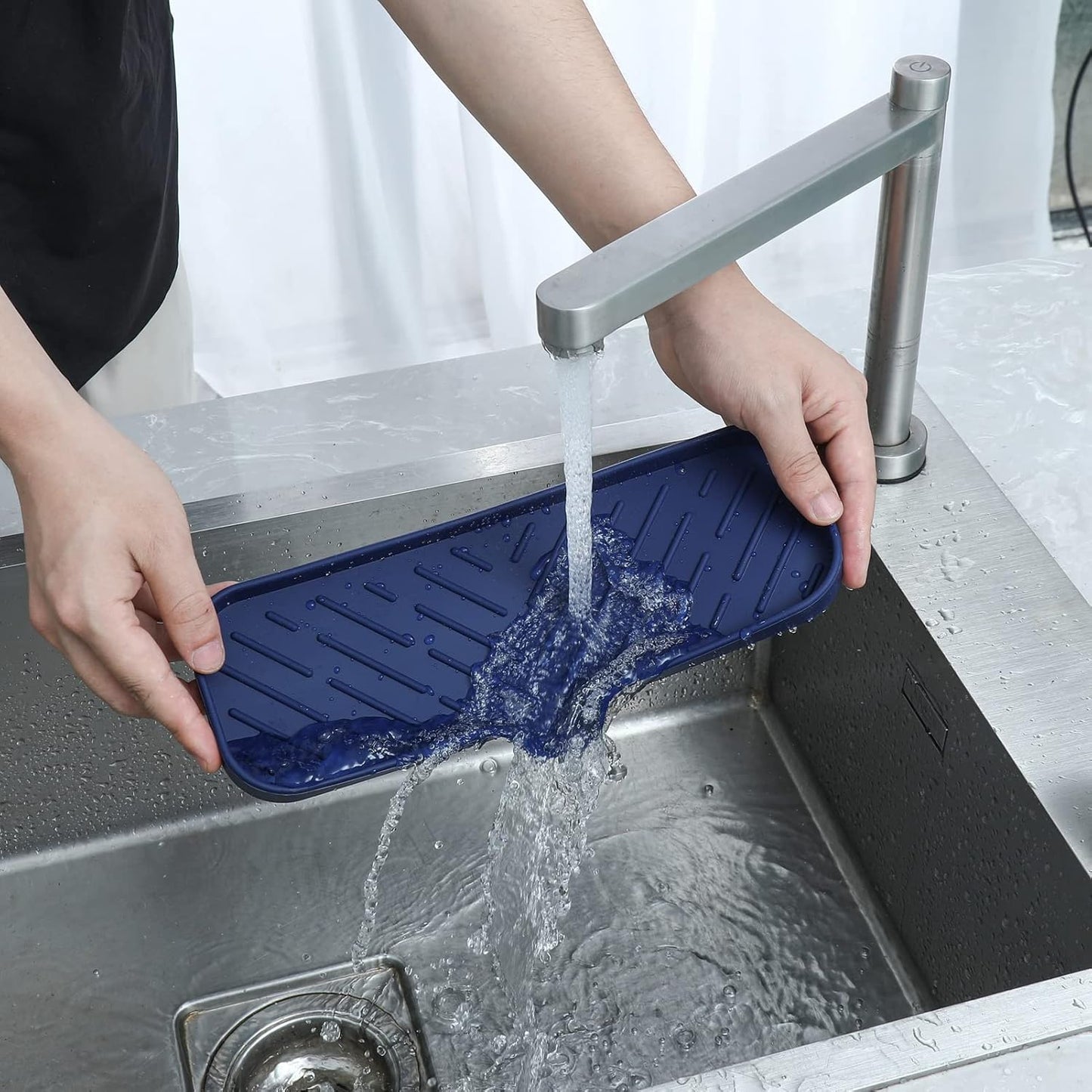 MicoYang Silicone Soap Dish with Drain Spout, Self-Draining Sink Organizer Tray for Bathroom and Kitchen, Sponges, Dispensers and Soap Holder, Non-Slip and Dishwasher Safe, Black (Compact, 4.9"×3.2")