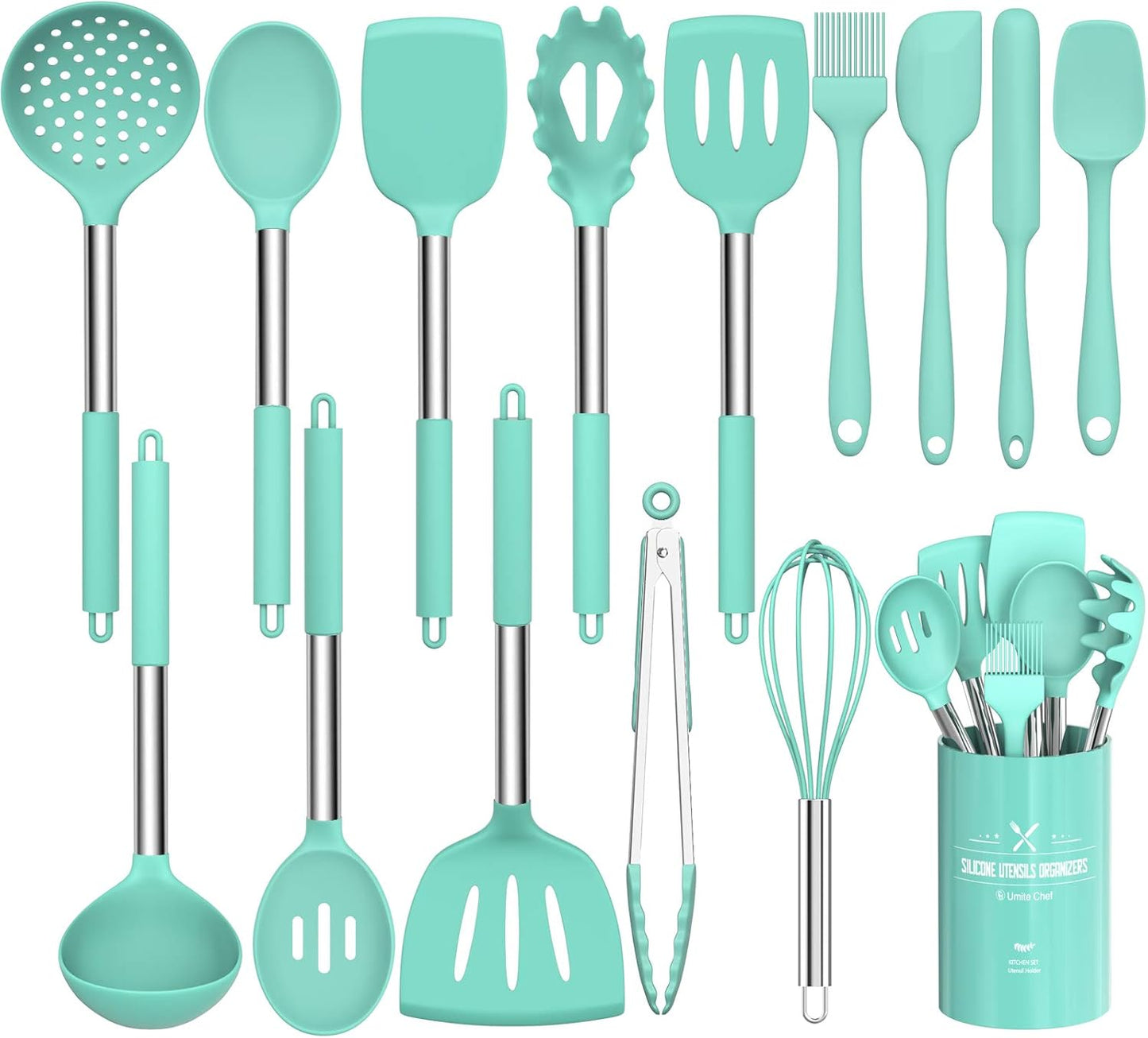 Silicone Cooking Utensil Set, Umite Chef 15pcs Silicone Cooking Kitchen Utensils Set, Non-stick - Best Kitchen Cookware with Stainless Steel Handle - Black Kitchen Utensils