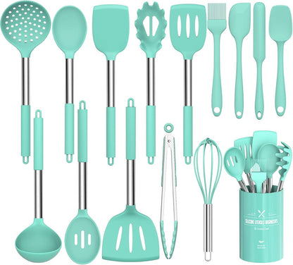 Silicone Cooking Utensil Set, Umite Chef 15pcs Silicone Cooking Kitchen Utensils Set, Non-stick - Best Kitchen Cookware with Stainless Steel Handle - Black Kitchen Utensils