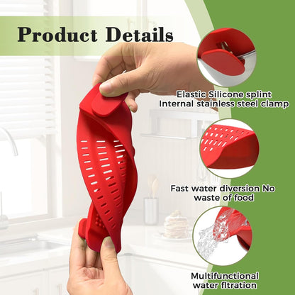 Clip-On Silicone Strainer for Pots, Heat-Resistant Handsfree Pasta & Vegetable Colander, Space-Saving Kitchen Gadget for Noodles, Veggies & Berries (Grey)