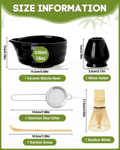 Matcha Whisk Set - 5PCS Matcha Set Includes 17OZ Chawan with Spout, Bamboo Chasen Whisk with Ceramic Holder, Matcha Scoop and Stainless Sifter, Matcha Kit for Ceremony, Gift for Matcha Lovers