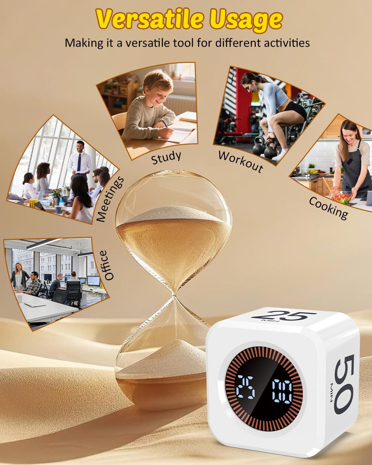 Digital Pomodoro Timer Cube 5/10/25/50min, Visual Productivity Flip Timer for Kids Classroom Desk, Custom Countdown, Silent and Sound Mode for ADHD Study Work Game Kitchen (Orange)