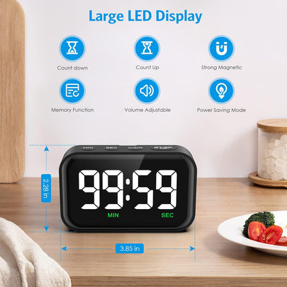 Digital Kitchen Timer, Digital Timer with Large LED Display, Magnetic Kitchen Timer for Cooking, 3 Volume Levels for Classroom/Office/Home/Work/Study, Black (Battery Included)