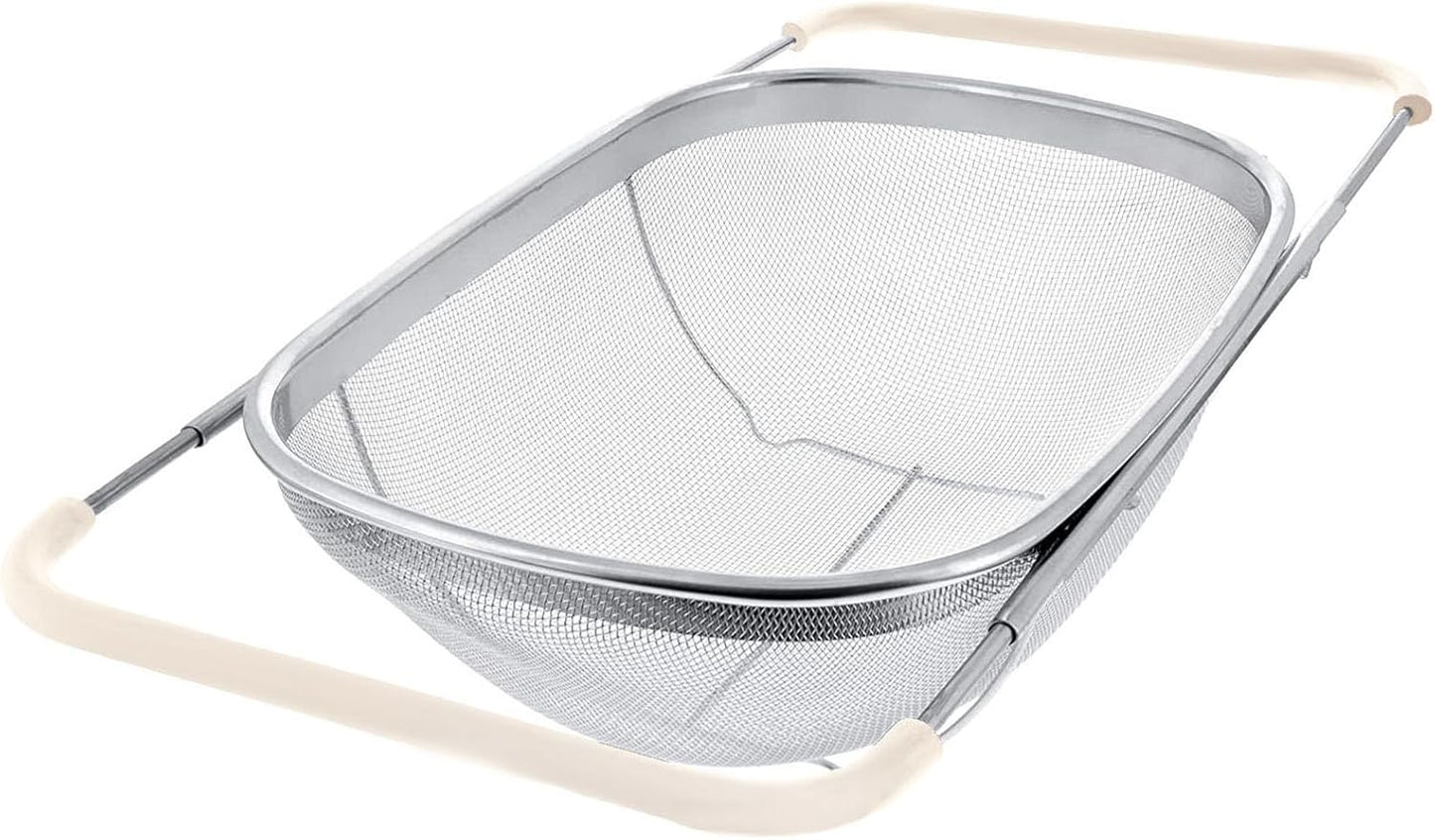 AJIODA Over The Sink Colander, 4 Quarts Stainless Steel Oval Colander with Expandable Rubber Grip Handle, Fine Mesh Strainer Baskets Kitchen Colanders for Strain, Drain, Rinse Vegetable, Fruits, Black