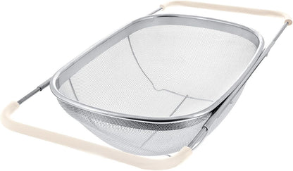 AJIODA Over The Sink Colander, 4 Quarts Stainless Steel Oval Colander with Expandable Rubber Grip Handle, Fine Mesh Strainer Baskets Kitchen Colanders for Strain, Drain, Rinse Vegetable, Fruits, Black