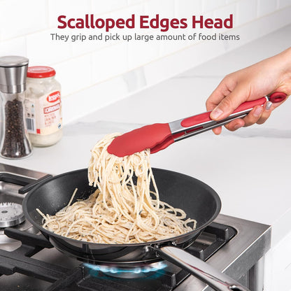 600ºF Heat Resistant Kitchen Tongs: U-Taste 9 inch Silicone Cooking Tong with Firm Sealed Non Stick Rubber Tips & Silicon Coated 18/8 Stainless Steel Handle & Smooth Locking for Serving Salad (Black)