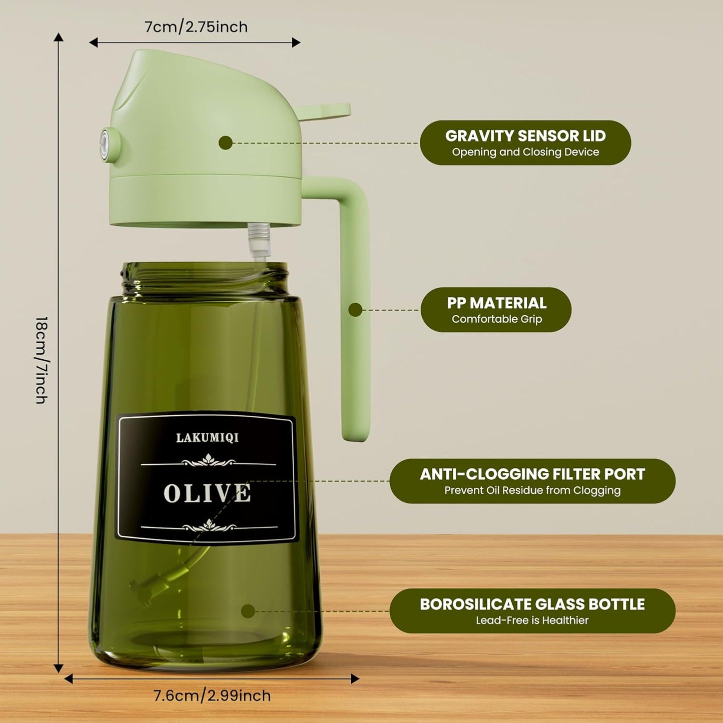 LAKUMIQI 2 in 1 Oil Sprayer for Cooking, 16oz Olive Oil Dispenser Bottle for Kitchen, Food Grade Light-Blocking Leak Proof Glass Spray Bottle for Salad, Air Fryer, BBQ