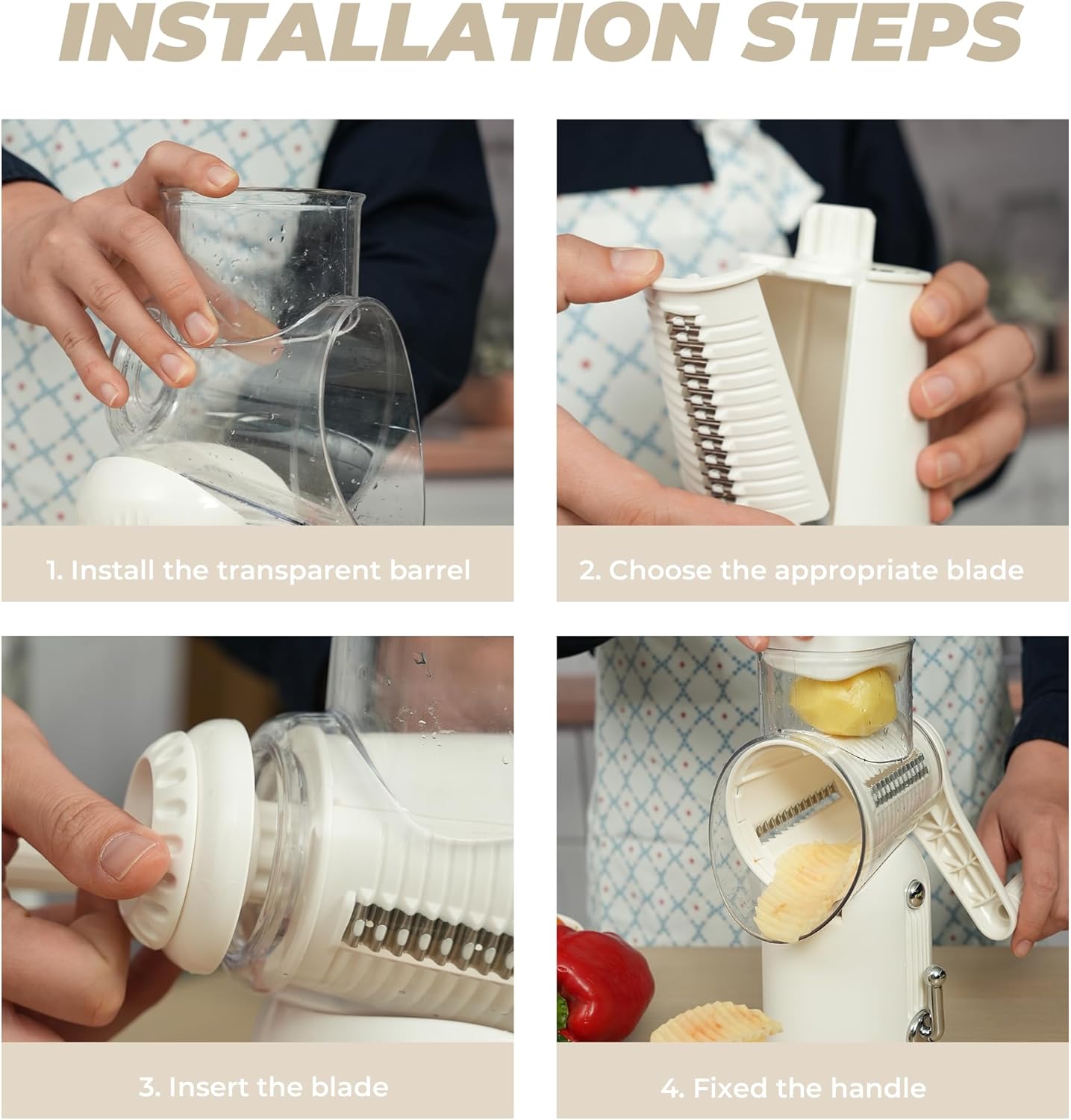 ZHANG XIAO QUAN SINCE 1628 Rotary Cheese Grater, Cheese Shredder with Stable Suction Base, Labor-Saving Vegetable Slicer for Kitchen, Mandoline Slicer & Food Chopper & Kitchen Prep Tool, 5-in-1, Beige
