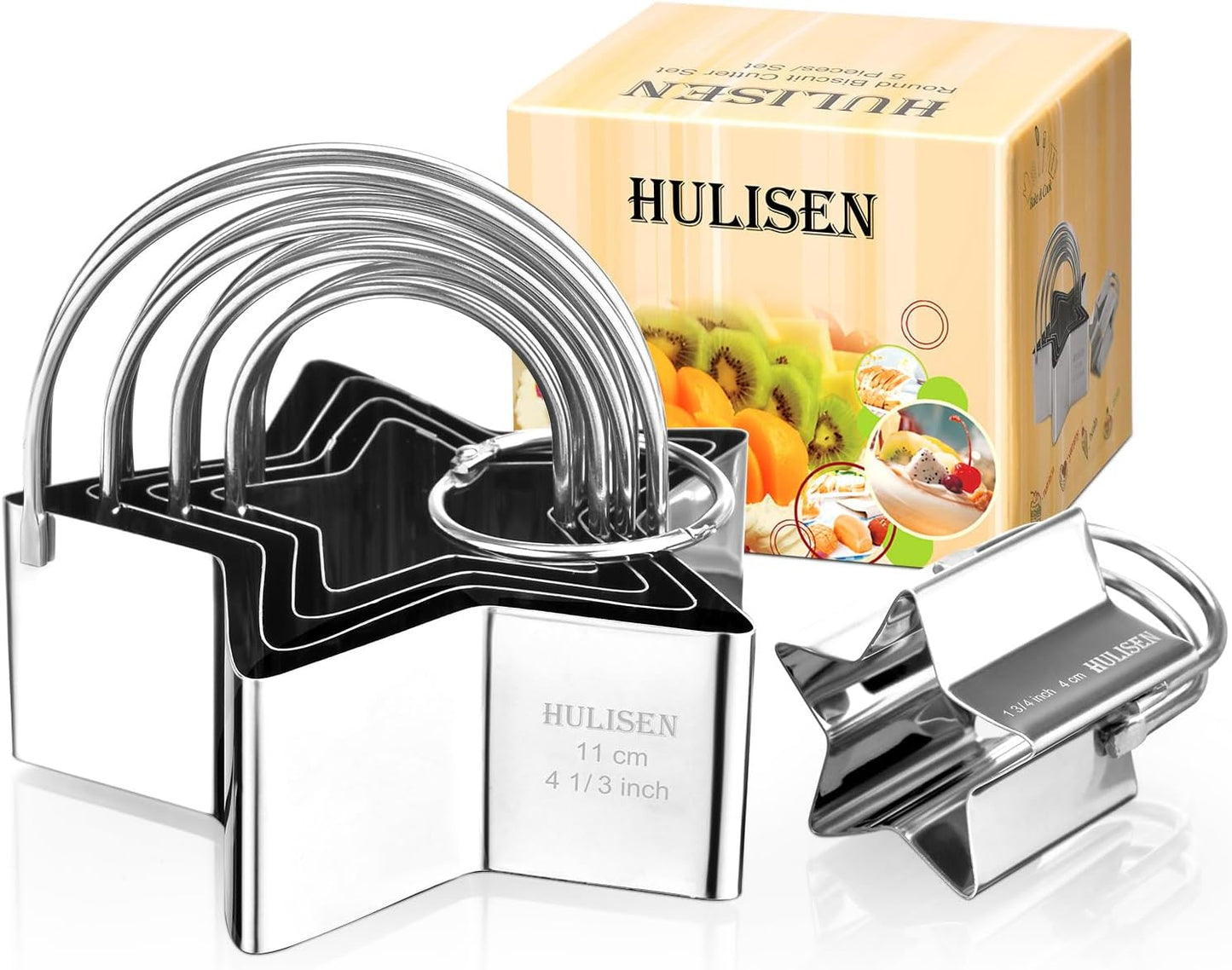 HULISEN Square Biscuit Cutter Set (4 Pieces/Set), Stainless Steel Cookies Cutter with Handle, Professional Baking Dough Tools, Gift Package (Square)