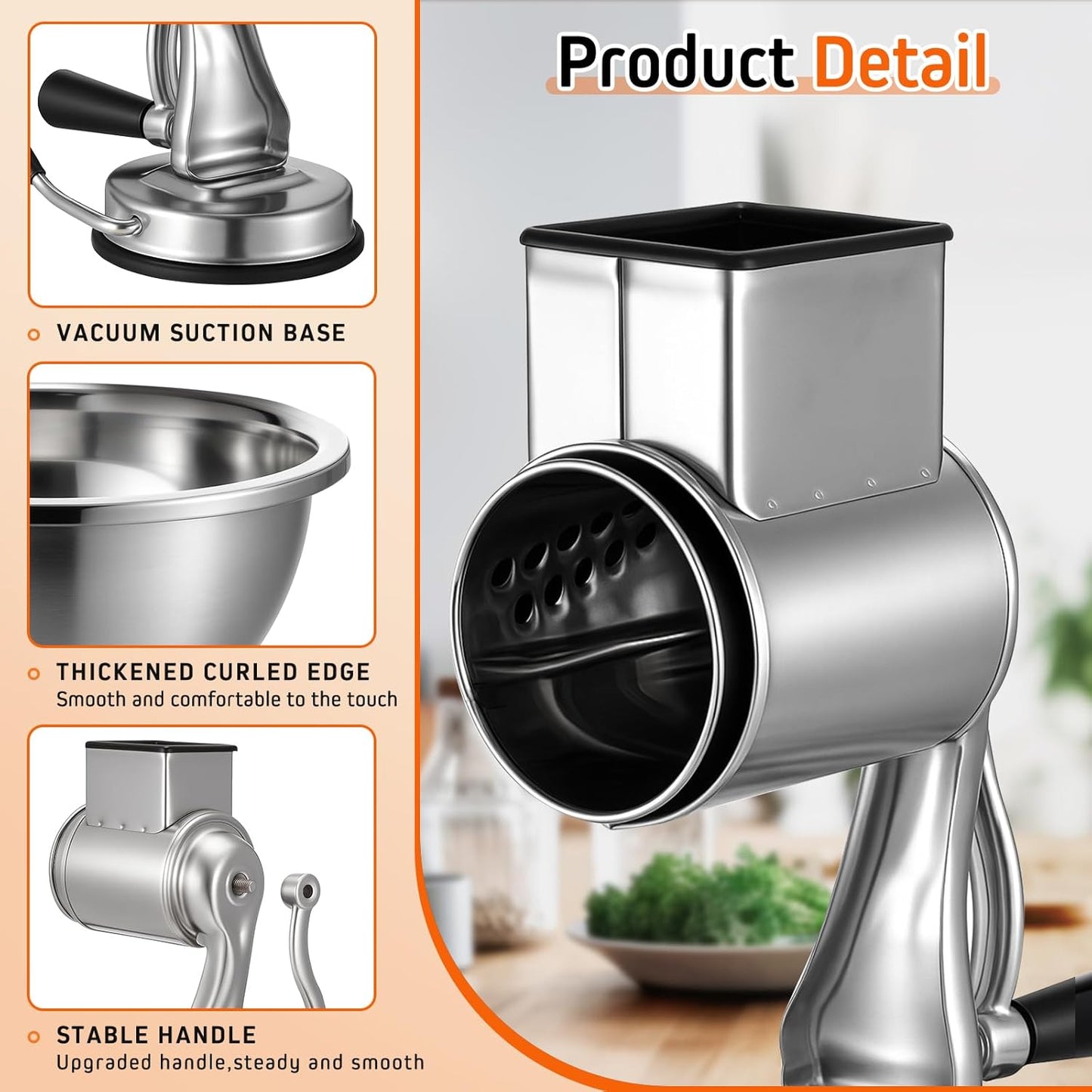 2 Pcs Stainless Steel Rotary Cheese Grater with 8.2 Qt Mixing Bowl and 5 Interchangeable Blades Reinforced Suction Base Metal Manual for Kitchen Vegetable Slicer Shredder for Nuts Cookies