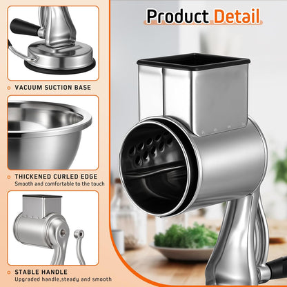 2 Pcs Stainless Steel Rotary Cheese Grater with 8.2 Qt Mixing Bowl and 5 Interchangeable Blades Reinforced Suction Base Metal Manual for Kitchen Vegetable Slicer Shredder for Nuts Cookies