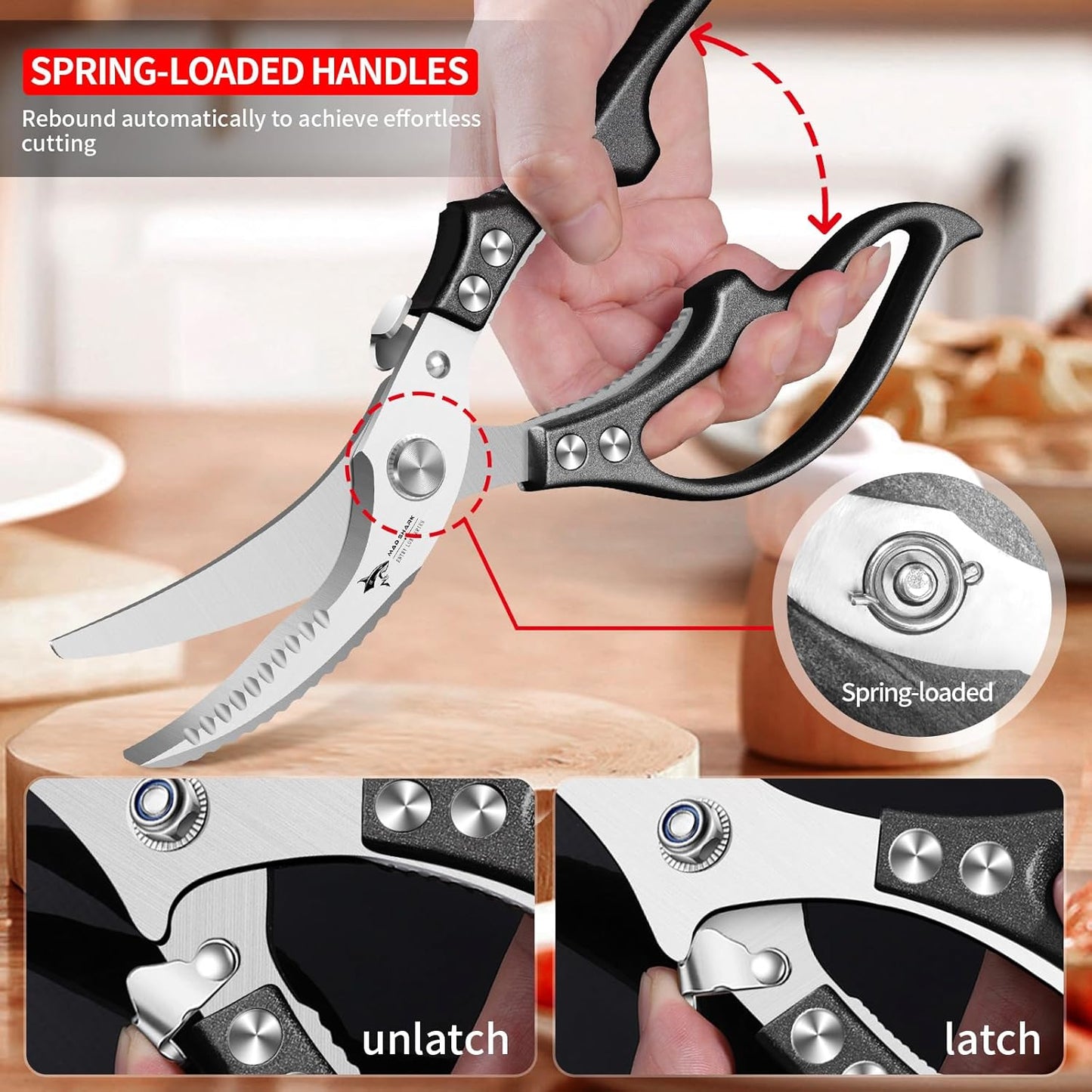 MAD SHARK Heavy Duty Poultry Shears, Kitchen Shears with Non-Slip Handle & Safety Lock, All Purpose Kitchen Scissors for Chicken, Meat Cutting, Turkey, Fish, Vegetables, Spring Loaded, Dishwasher Safe
