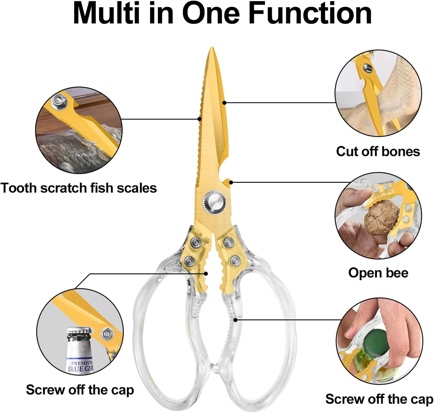 CGBE Kitchen Scissors, Multi-Purpose Kitchen Shears, Heavy Duty Dishwasher Safe Food Scissors for Chicken, Poultry, Fish, Meat & Herbs with Non-Slip Grips - Sliver