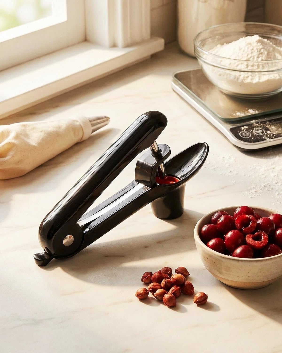 Cherry Pitter, Cherry Pit Remover Tool Cherries Corer Pitter with Hand-held Push, Olive Seed remover stones with lock design, Durable Cherries seed Corer for Cherry Jam -Black