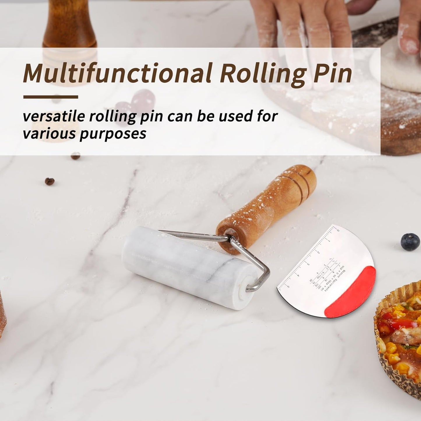 Small Marble Rolling Pin Pizza Roller with Dough Scraper Cutter, Marble Roller Non-Stick T-Type, For Cake Baking Tortilla Fudge Pizza Cookies and Other Kitchen Baking Cooking(White)