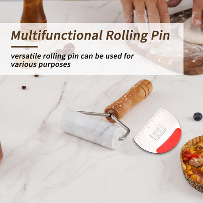 Small Marble Rolling Pin Pizza Roller with Dough Scraper Cutter, Marble Roller Non-Stick T-Type, For Cake Baking Tortilla Fudge Pizza Cookies and Other Kitchen Baking Cooking(White)