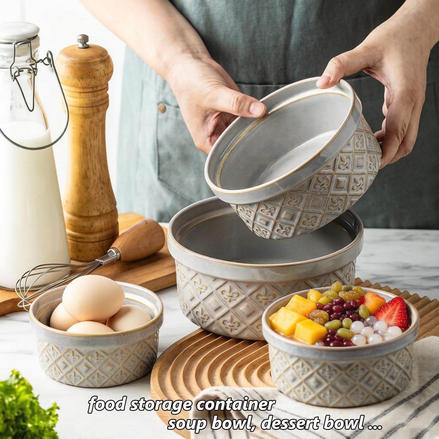 40 Oz Ramekins Ceramic Airtight Bowls Set of 4 - Large Mixing Bowls with Lids Set for Salad, Pho, Soup, Pasta, Dessert, Serving, Oatmeal, Baking Dishes, Dishwasher & Microwave Safe, Beige