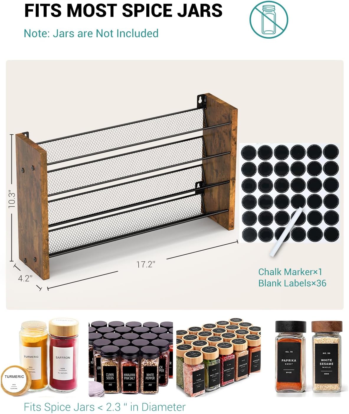 NESAPTO Spice Rack Organizer for Cabinet, Wood 4-Tier Vertical Seasoning Organizer, Wall Mount or Countertop Spice Shelf, Holds 28 Jars (No Jars Included), 14" W x 9.4" H
