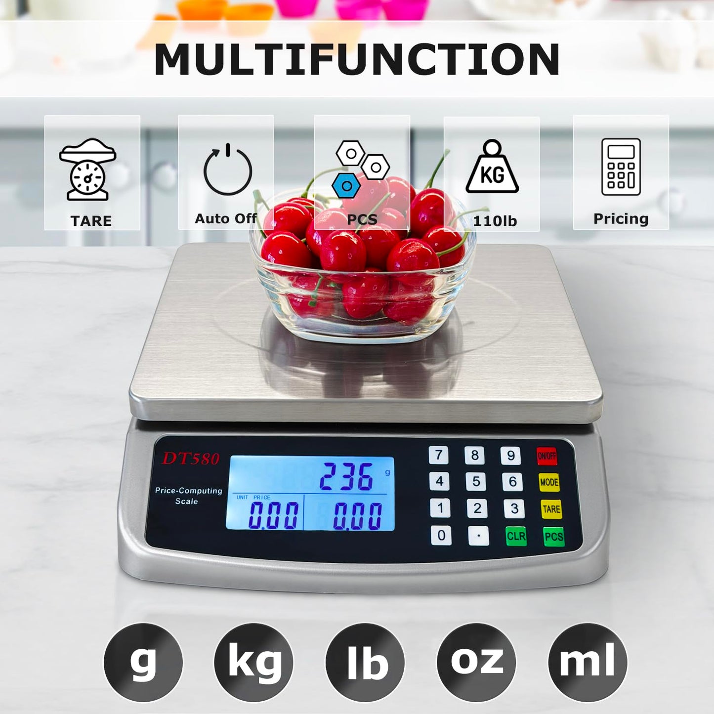 Large Digital Kitchen Scale 40kg/88lb Stainless Steel Price Computing Scale Counting Scale Deli Scale with LCD Display for Baking Bread Cooking Meat Prep Parts and Coins Adapter Included