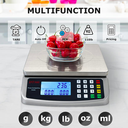 Large Digital Kitchen Scale 40kg/88lb Stainless Steel Price Computing Scale Counting Scale Deli Scale with LCD Display for Baking Bread Cooking Meat Prep Parts and Coins Adapter Included