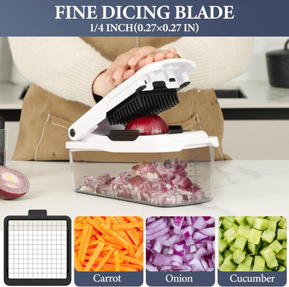 Ourokhome Veggie Chopper and Dicer with Container, Manual Hand Food Mandolin Slicer with 4 in 1 Handheld Vegetable Spiralizer for Zucchini, Potato, Onion, Essential Kitchen Gadgets (12 in 1, Gray)