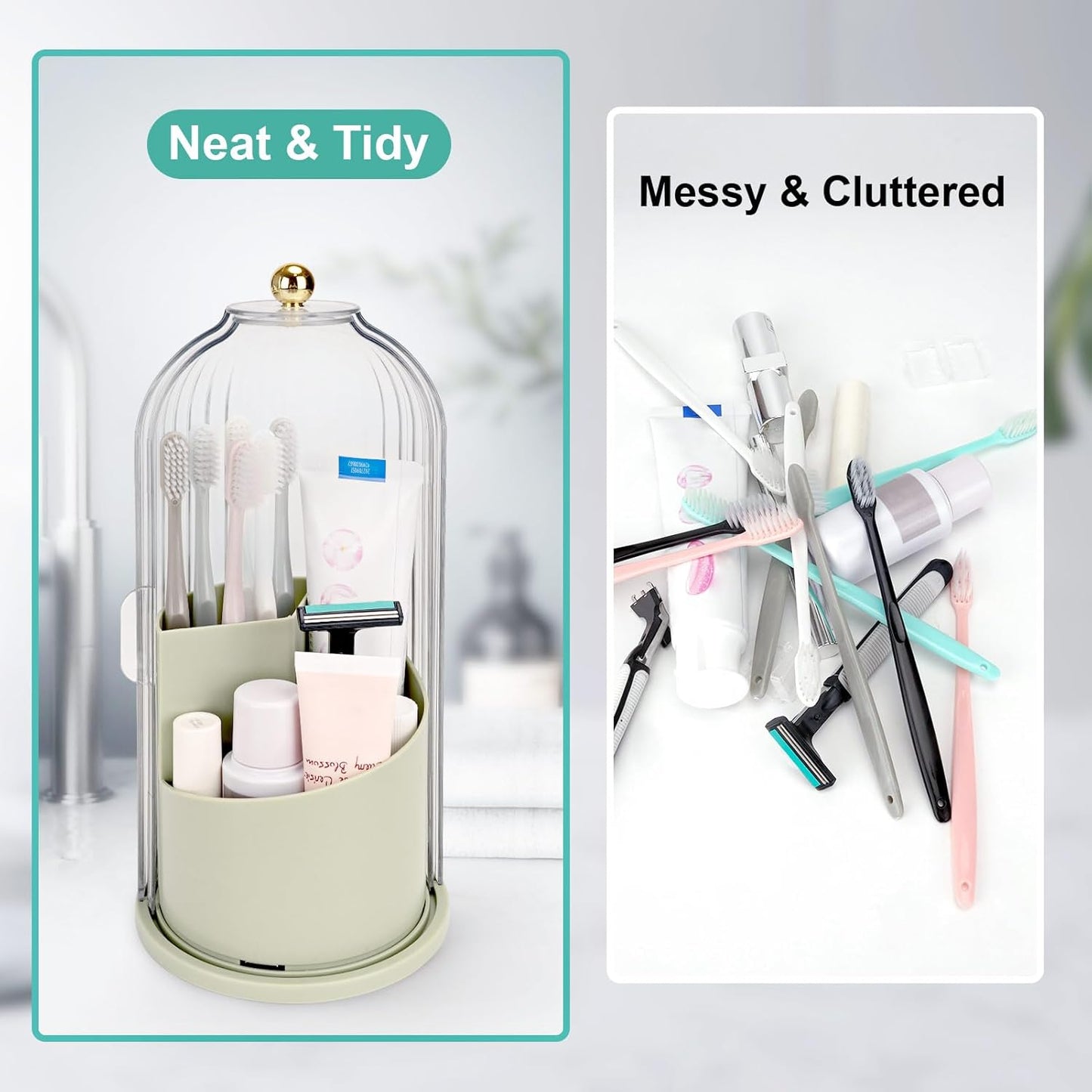 QIYVLOS Toothbrush Holders with Sliding Lid, Rotating 3 Slots Bathroom Organizer Countertop, Tooth Brush Toothpaste Holder Bathroom Counter Stand Sink Organizer Caddy for Vanity Makeup Brushes Holder