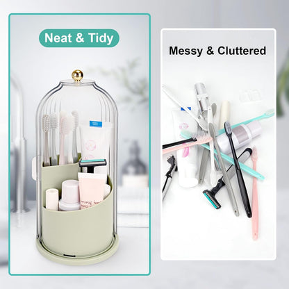 QIYVLOS Toothbrush Holders with Sliding Lid, Rotating 3 Slots Bathroom Organizer Countertop, Tooth Brush Toothpaste Holder Bathroom Counter Stand Sink Organizer Caddy for Vanity Makeup Brushes Holder
