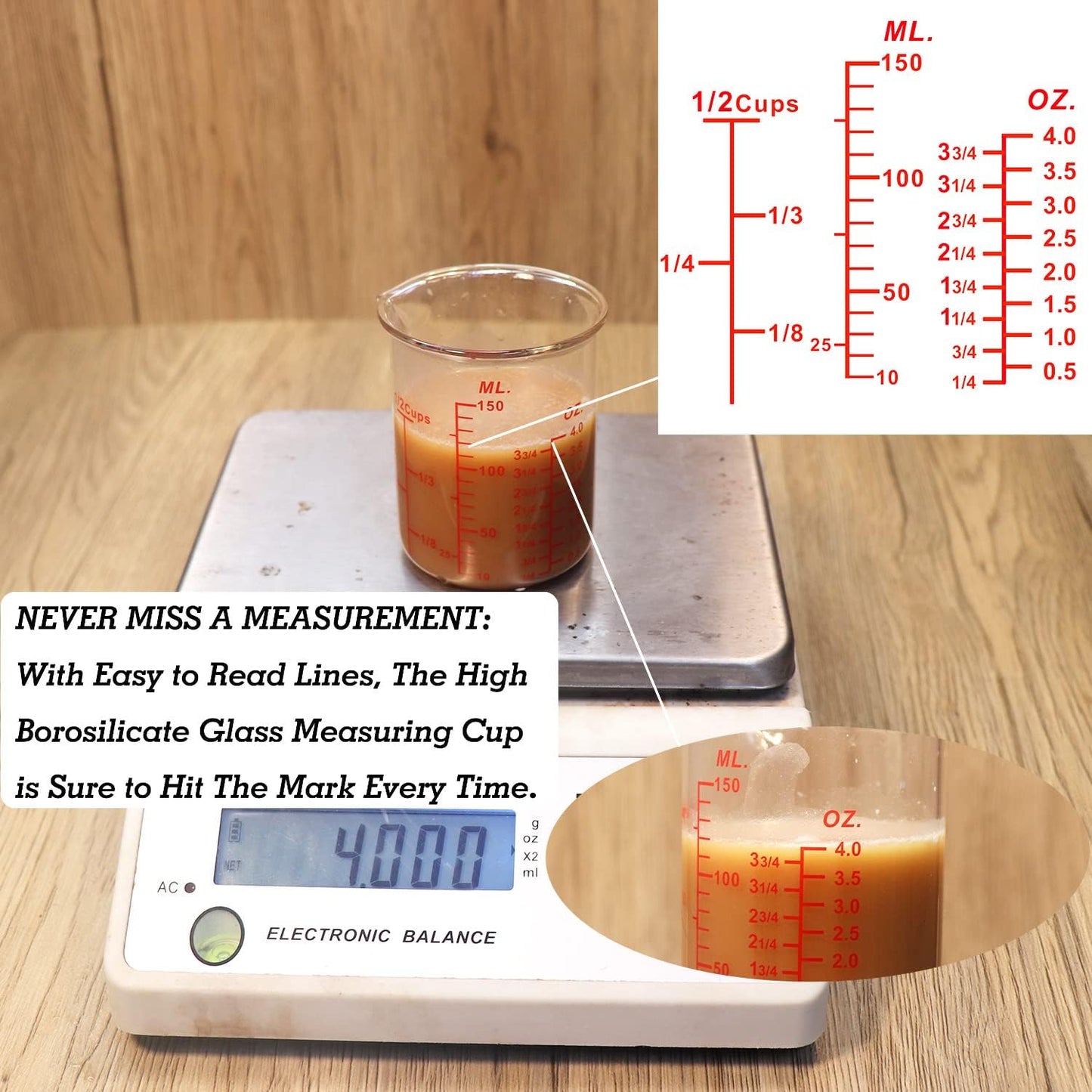 High Borosilicate Glass Measuring Cup-V-Shaped Spout，Glass Measuring Beaker for Kitchen or Restaurant, Easy to Read, 60 ML (2 Oz)-Pack of 2