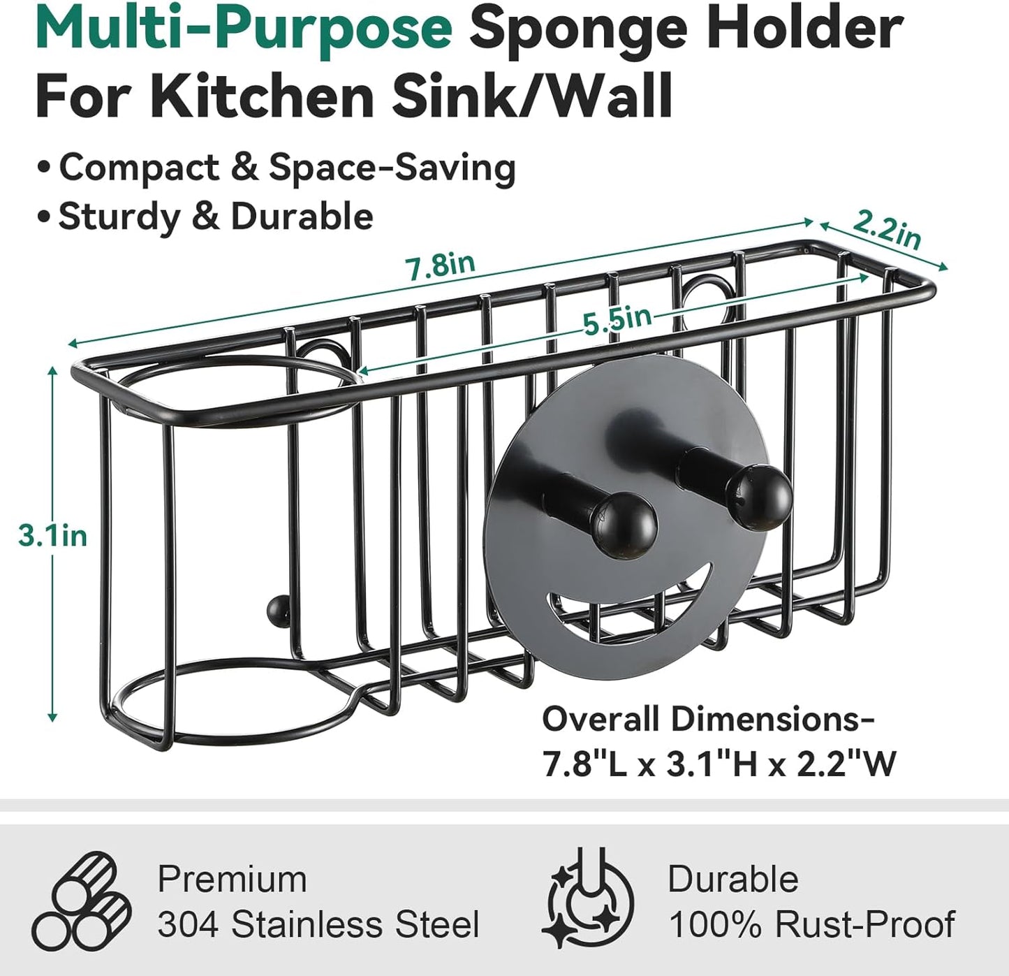3-In-1 Sponge Holder for Kitchen Sink with Suction Cups & Adhesive Hook , In-sink Sponge Holder, Wall Hanging Sink Caddy Organizer Rack - Sponge, Dish Cloth, Brush, Scrubber - 304 Stainless Steel