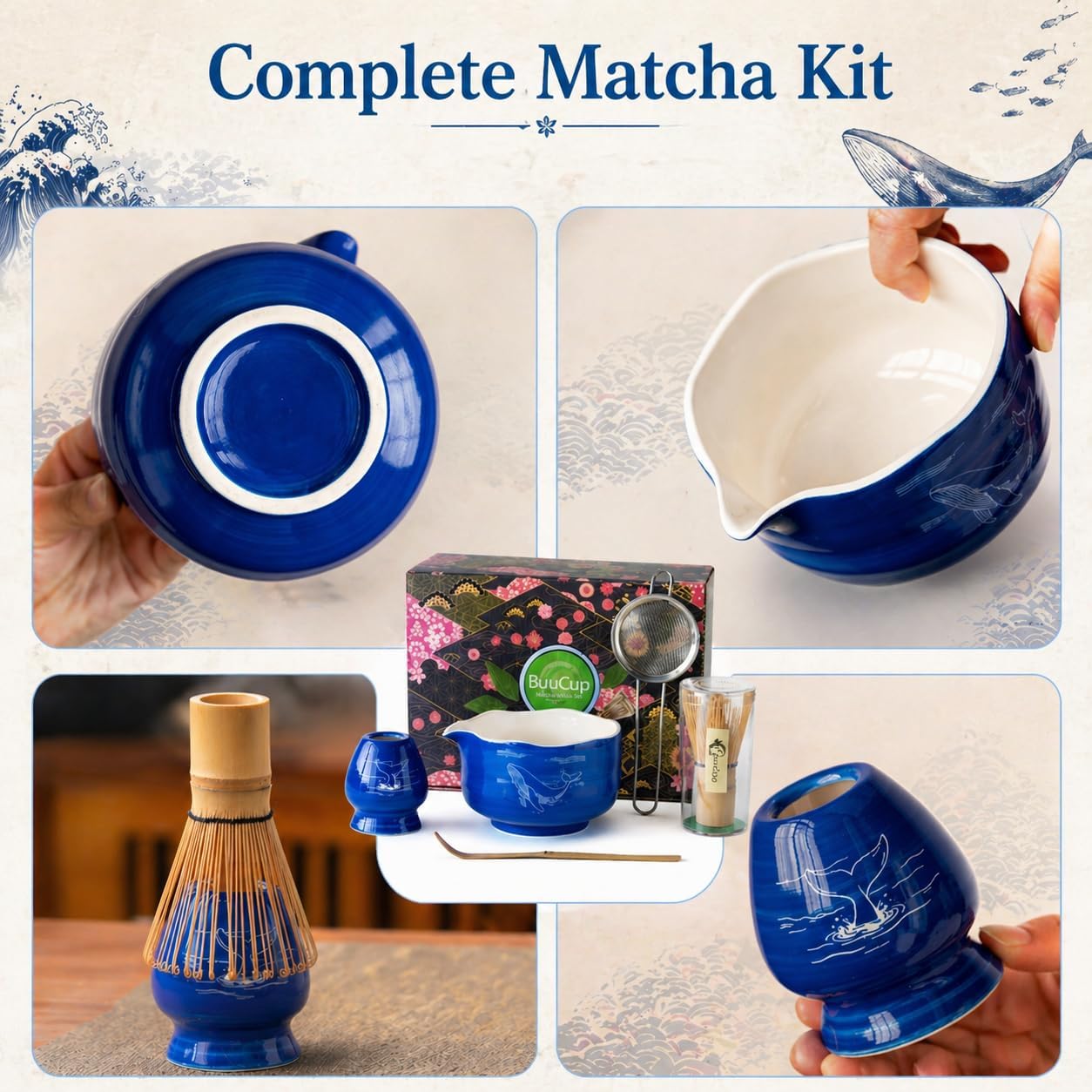 Buucup Matcha Set, Matcha Bowl with Spout, Matcha Whisk and Holder, Bamboo matcha Scoop and Stainless Sifter - 5 Pcs Jade Green Matcha Set Kit for Matcha Lover