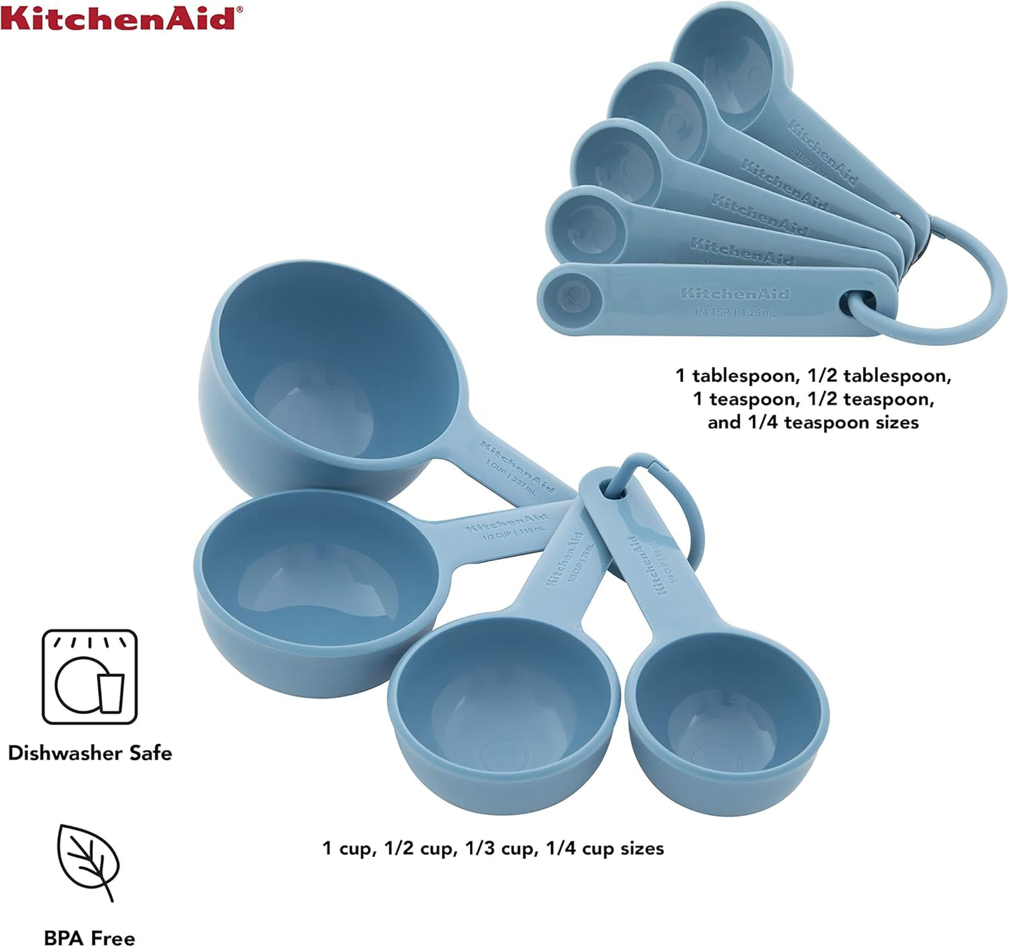 KitchenAid Universal Easy To Read Measuring Cup and Spoon Set with Soft Grip Handle for Maximum Control, Hang Hole and Nesting For Easy Storage, Dishwasher Safe, 9 Piece, Pistachio