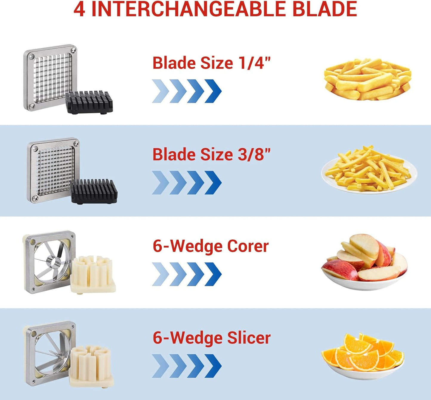 GarveeHome Commercial French Fry Cutter Vegetable Fruit Chopper with 4 Replacement Blades Stainless Steel Vegetable Dicer Fruit Slicer for Onion Potato Carrot Tomato