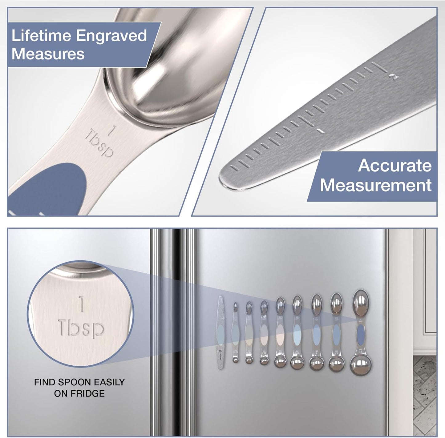 CuttleLab Magnetic Measuring Spoons Set - Stainless Steel, Double Ended, Stackable & Nested Design for Dry and Liquid Ingredients, Ideal for Spice Jars, 9-Piece Set with Leveler (Country Chic)