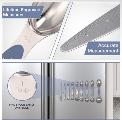 CuttleLab Magnetic Measuring Spoons Set - Stainless Steel, Double Ended, Stackable & Nested Design for Dry and Liquid Ingredients, Ideal for Spice Jars, 9-Piece Set with Leveler (Country Chic)