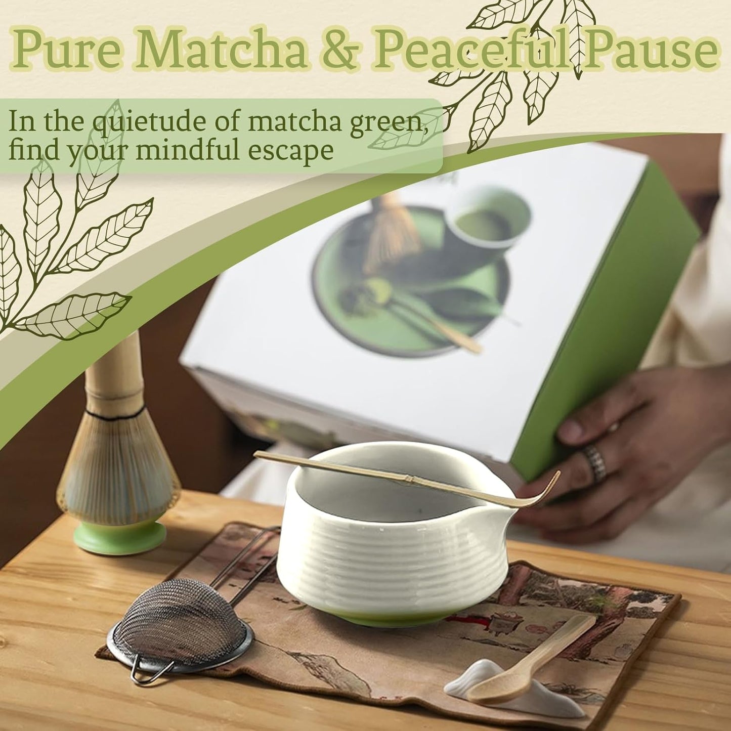 8 Pcs Matcha Whisk Set Chasen Matcha Whisk Bamboo Bowl with Spout Sifter Spoon Scoop Whisk Holder Bamboo Mat Complete Matcha Making Kit (Red Petal)