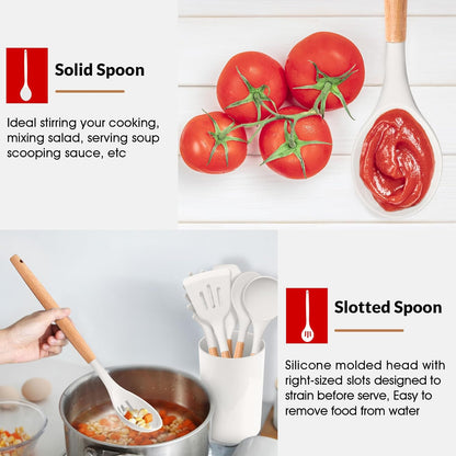 E-far Cooking Utensils Set of 6, Silicone Kitchen Utensils with Wooden Handle, Non-stick Cookware Friendly & Heat Resistant, Includes Spatula/Ladle/Slotted Turner/Serving Spoon/Spaghetti Server(Khaki)