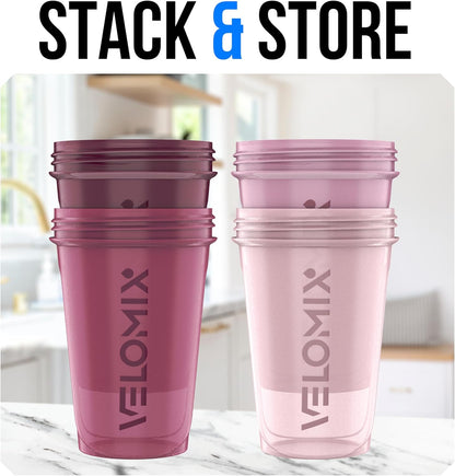 VELOMIX -4 PACK- 20 oz Protein Shaker Bottle for Protein Mixes - 4x Wire Whisk | Leak Proof Shaker Cups for Protein Shakes | Stackable Protein Shaker Bottle Pack | Dishwasher Safe (Blue Mirage)