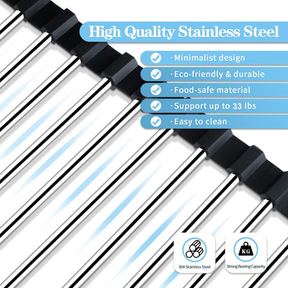 Seropy Roll Up Dish Drying Rack Over The Sink for Kitchen Sink Drying Rack Folding Dish Drainer Mat Rolling Dish Rack Sink Rack Stainless Steel Kitchen Dry Rack Black 17.5x15.7 Inch