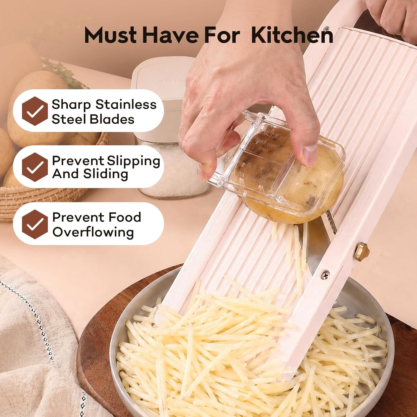 Japanese Mandoline Slicer Professional Vegetable Cutter for Kitchen with Interchangeable 4 Stainless Steel Blades, Beige
