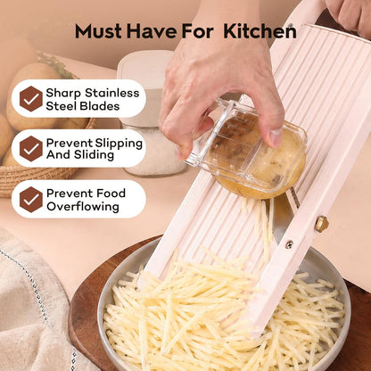 Japanese Mandoline Slicer Professional Vegetable Cutter for Kitchen with Interchangeable 4 Stainless Steel Blades, Beige