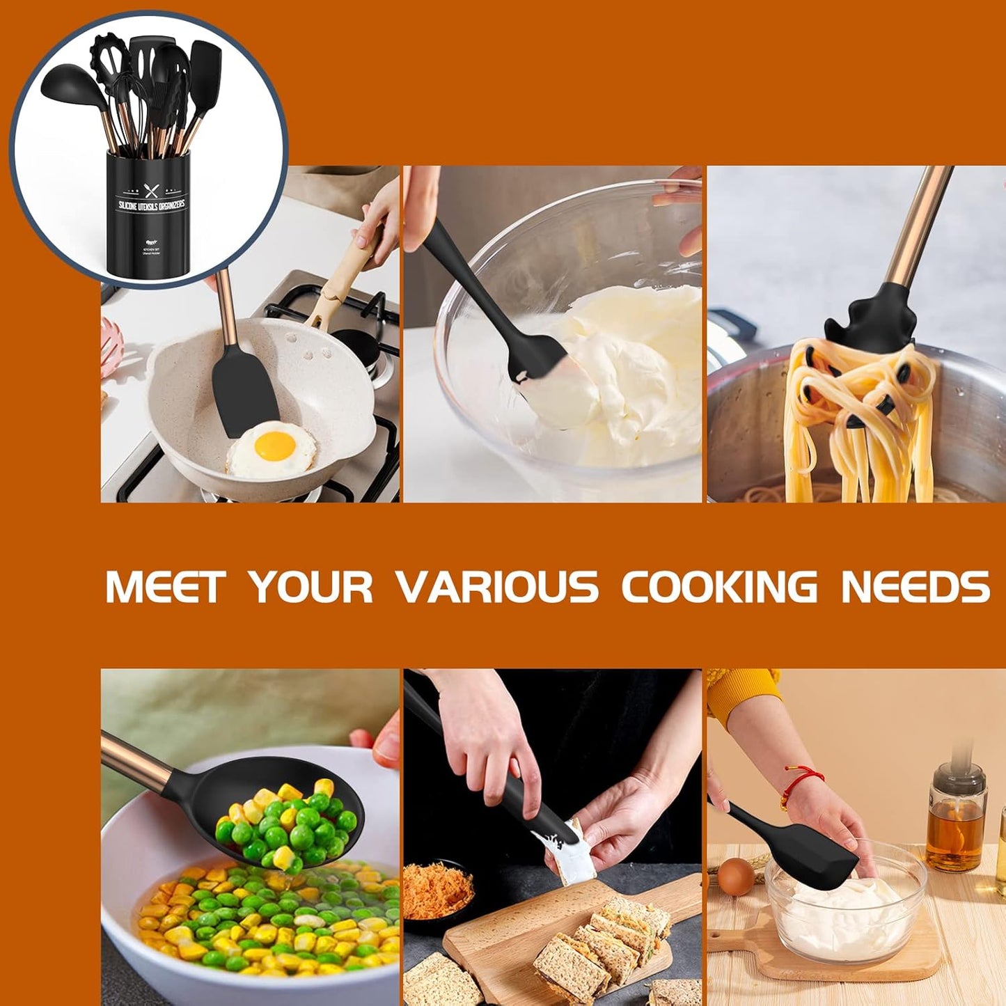 Silicone Cooking Utensil Set, Umite Chef 15pcs Silicone Cooking Kitchen Utensils Set, Non-stick - Best Kitchen Cookware with Stainless Steel Handle - Black Kitchen Utensils