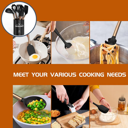 Silicone Cooking Utensil Set, Umite Chef 15pcs Silicone Cooking Kitchen Utensils Set, Non-stick - Best Kitchen Cookware with Stainless Steel Handle - Black Kitchen Utensils