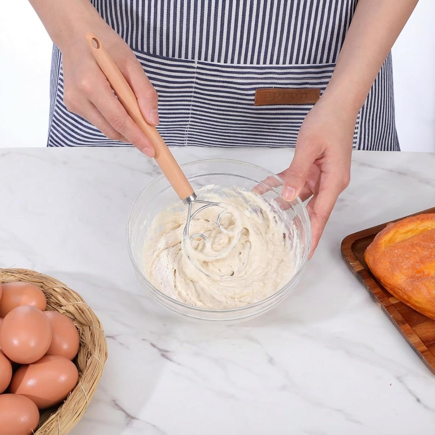TIESOME Danish Dough Whisk, 2 Pcs 10-Inch Stainless Steel Dough Hook with PP Handle, Sturdy Dutch Bread Mixer for Sourdough, Pizza & Pastry, Baking Tools (Natural Wood Color)